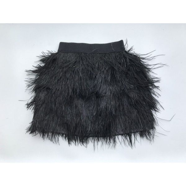 Pure black dazzling color A-line skirt, half length skirt, fur leather tassel skirt, autumn and winter fashion item