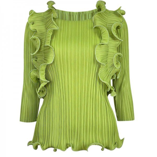 Autumn New Women's Design Sense Lace Round Neck Fashion Slim Pleated Bottom Top Large Women's Outwear