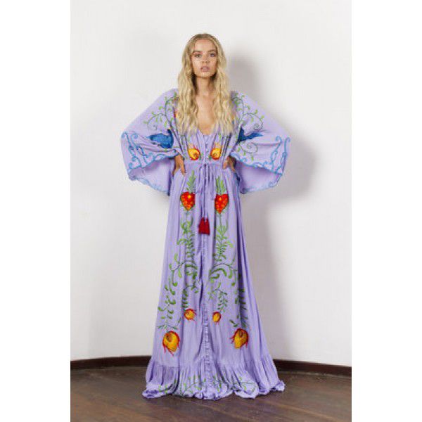 Autumn New Flower Embroidery V-neck Large Flare Sleeve Dress Long Dress