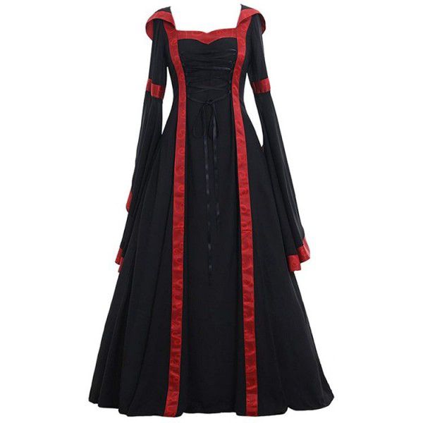 Retro Dress Square Neck Lace up Waist Flare Sleeve Halloween Dress