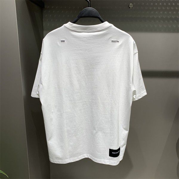 Men's Spring/Summer New Men's Denim Panel Wide White Short Sleeve T-shirt