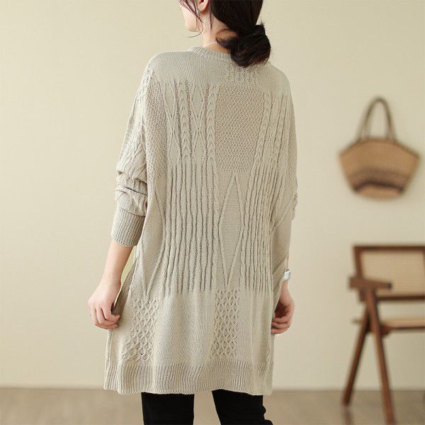 Autumn and winter clothing, large size, loose and lazy V-neck knitted three-dimensional pattern, medium length, covered meat, long sleeved sweater for women