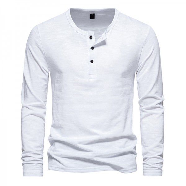 New Men's Long Sleeve T-shirt Fashion Solid Three Button Henry T-shirt Men's Top T-shirt Underlay