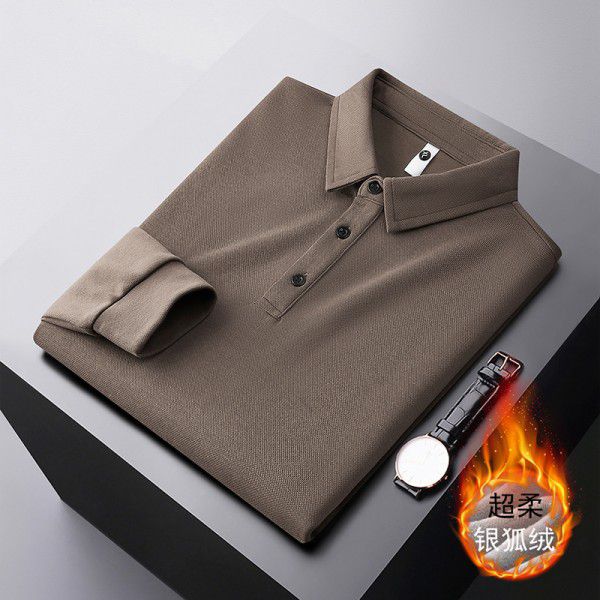 Polo shirt men's long sleeved autumn men's Paul shirt business casual fit solid color lapel T-shirt with plush