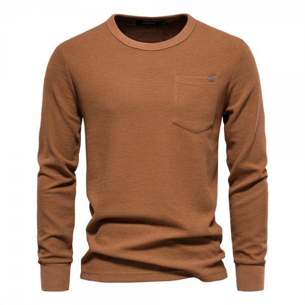 Spring and Autumn Men's Round Neck Pocket Waffle Long Sleeve Top Men's T-shirt