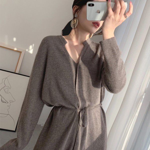 Dress Autumn/Winter Korean Edition Simple and Slender Solid Color Mid length Knee Length Drawstring Waist Knitted Dress for Women