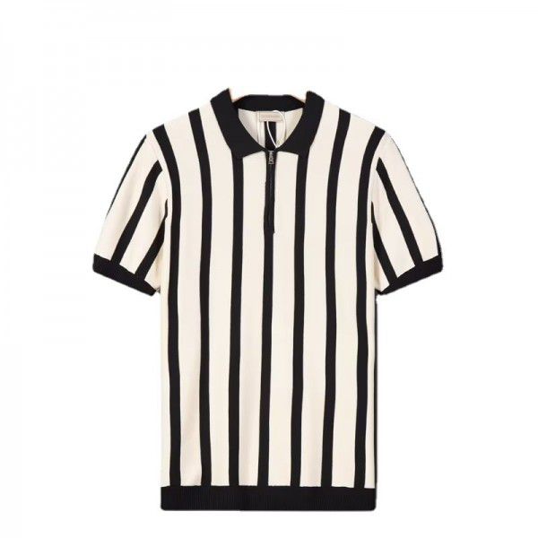 Half Zip Striped Polo Shirt Light Mature Summer Men's Short Sleeve T-shirt Trend Korean Knitted Casual Half Sleeves