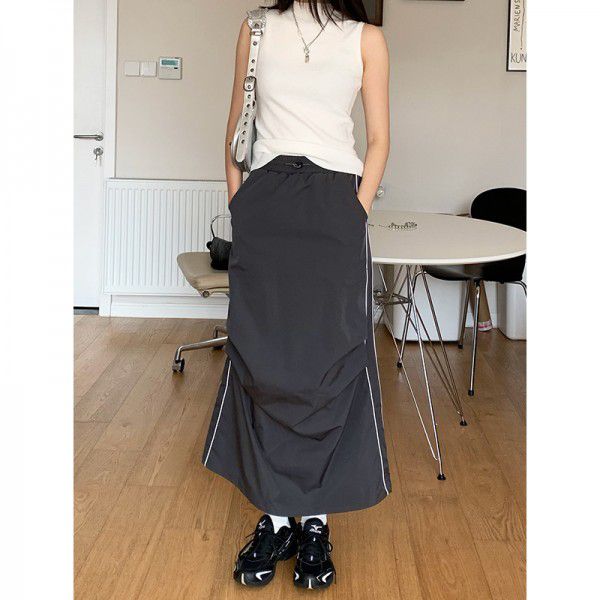 Design sense pleated small slit elastic waist skirt fashionable long skirt for women