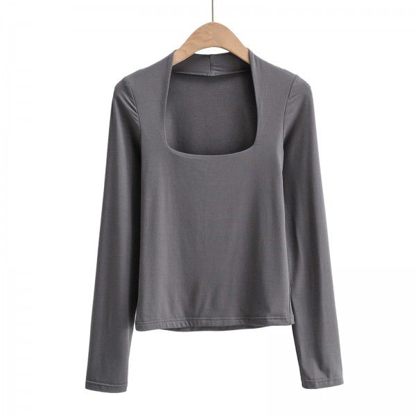 Autumn Sexy Low Chest Square Neck Solid Long Sleeve T-shirt Women's Slim Fit Slim Underlay Top