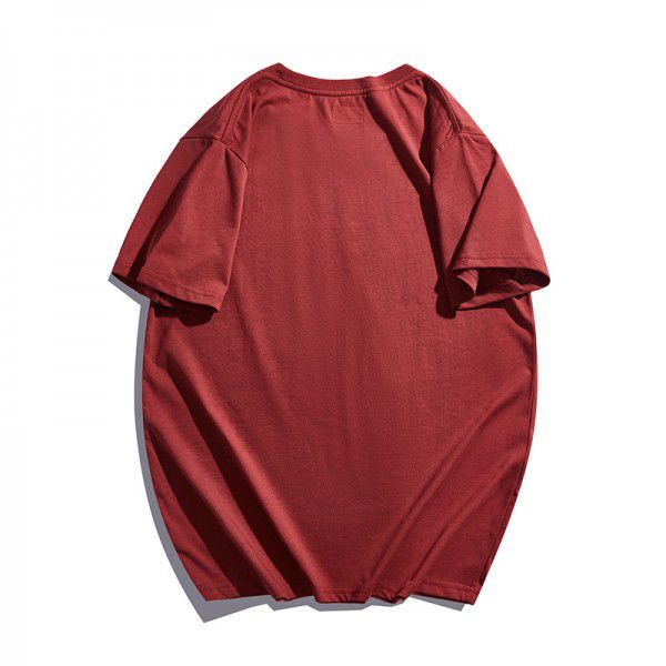 Retro Retro Red Short Sleeve Round Neck T-shirt Solid Cotton Half Sleeve Fashion Men