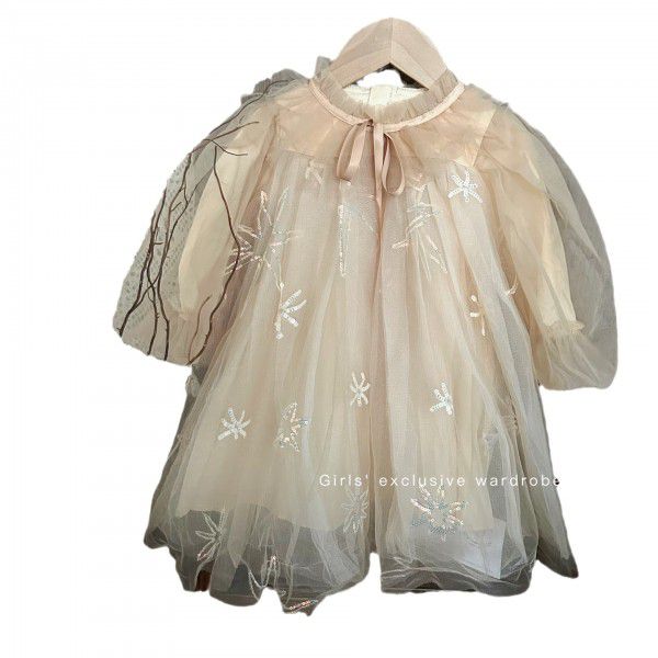 Korean Children's Wear New Autumn Girls' Mesh Princess Dress Lantern Sleeve Temperament Dress Sequin Birthday Dress