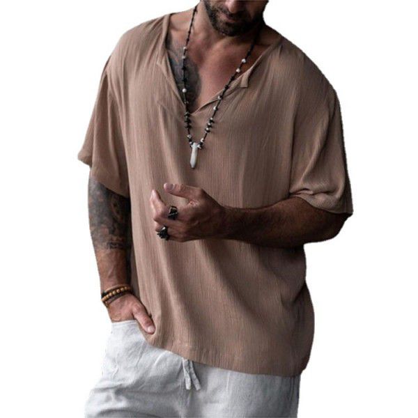 Summer Southeast Asia Street Fashion Men's V-Neck Shirt European and American Casual Loose Solid Neck Medium Sleeve T-shirt 