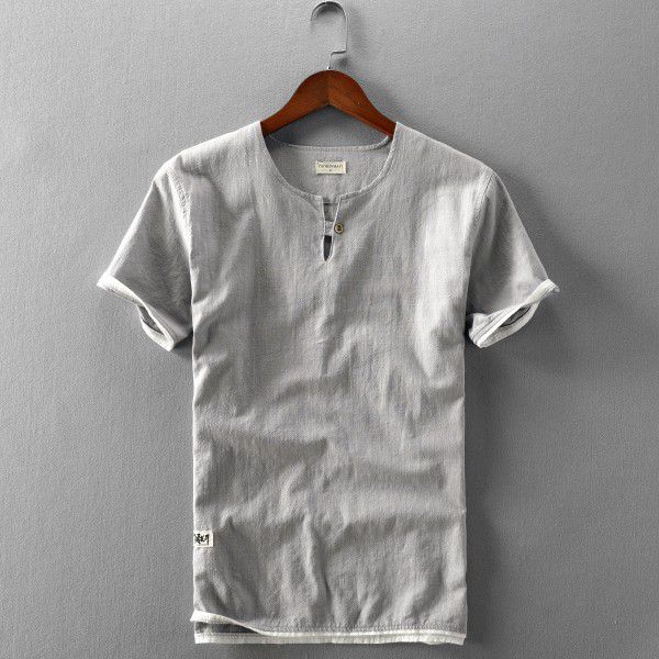 Summer New Men's Linen T-shirt Casual Wash Round Neck Cotton Linen Short Sleeve T-shirt