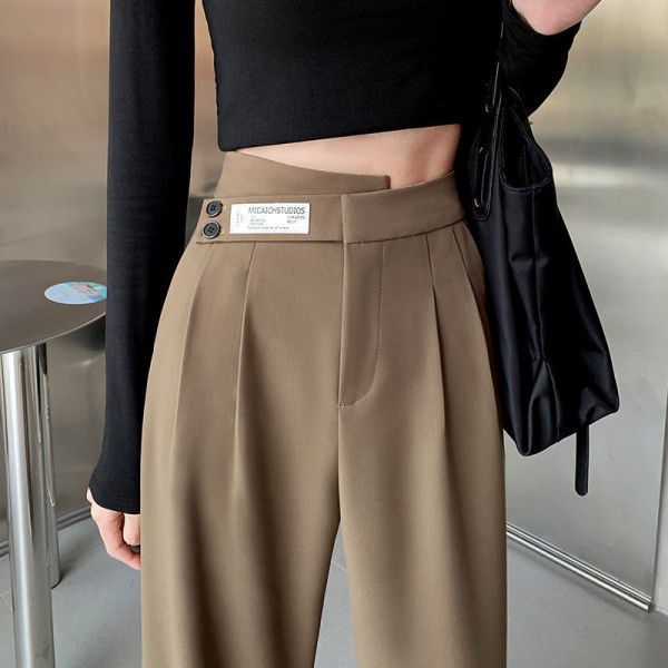 Khaki Wide Leg Pants Women's High Waist Drop Spring/Summer New Casual Relaxed Floor Sweeping Double Button Straight Sleeve Suit Pants 