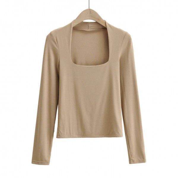 Autumn Sexy Low Chest Square Neck Solid Long Sleeve T-shirt Women's Slim Fit Slim Underlay Top