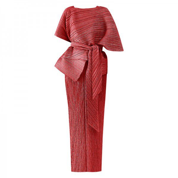 Summer New Two Piece Set Temperament Women's Slim Fit Long Party Fashion Pleated Dress 