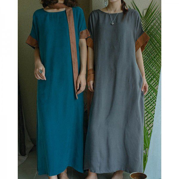 Spring and Summer Women's New Copper Spandex Contrast Loose Pullover Waistband Dress