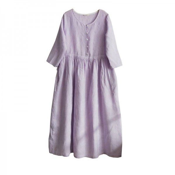 Pure linen medium sleeved medium length large swing dress 