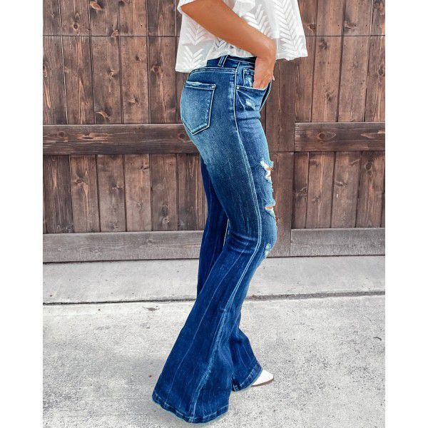 Street style denim micro flared pants with torn holes, washed long pants, women's jeans