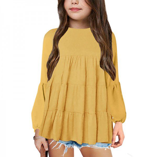 Children's solid color pleated round neck top fashion pullover casual lantern long sleeved bottom shirt
