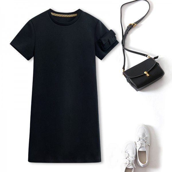 Black Dress Women's Summer High end Casual Loose Straight Round Neck Short Sleeve T-shirt Skirt