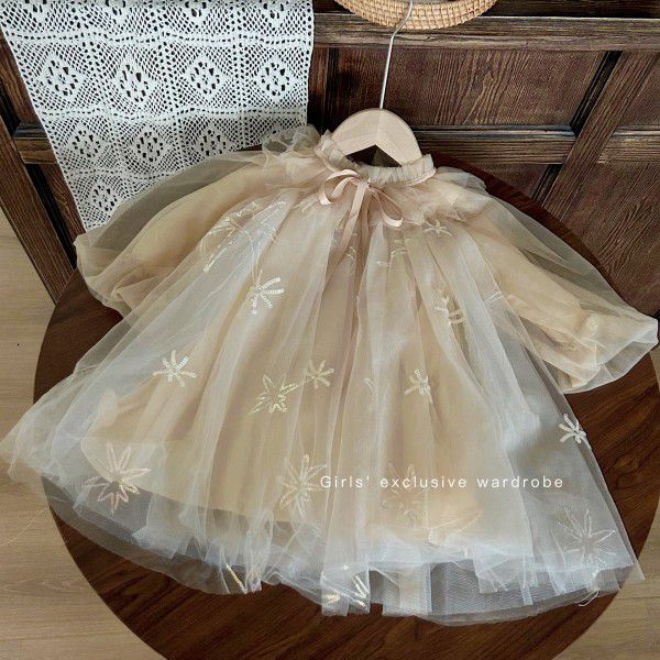 Korean Children's Wear New Autumn Girls' Mesh Princess Dress Lantern Sleeve Temperament Dress Sequin Birthday Dress