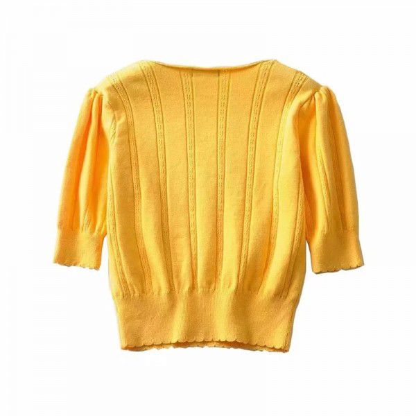 Small Wave Edge V-Neck Knitted Short Sleeve Top for Women's Summer New Mesh Hollow Waist Solid T-shirt