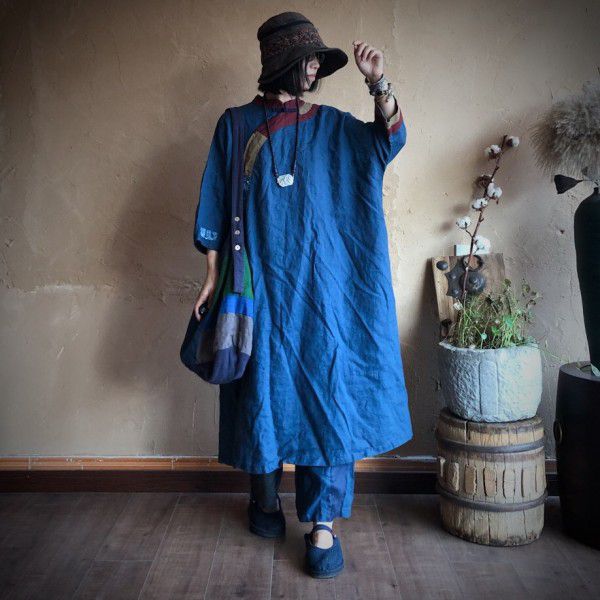 Vintage patch washed pure linen loose fitting dress gown