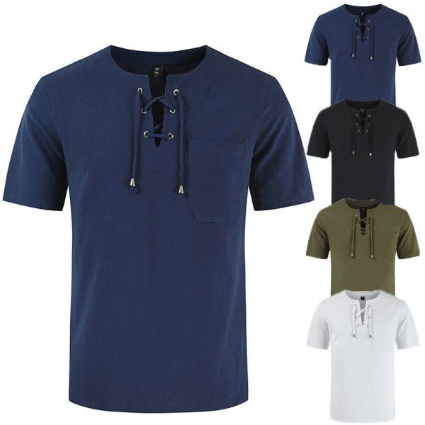 Summer New Street Men's Short Sleeve T-shirt Cotton Hemp Lacing Casual Fashion T-shirt