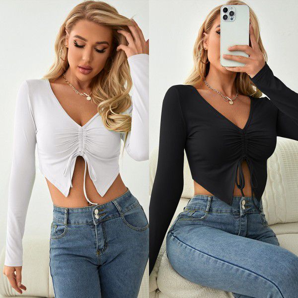 V-neck long sleeved drawstring slim fitting exposed navel top breathable pleated solid color simple sweet T-shirt Women's casual spring and autumn top 