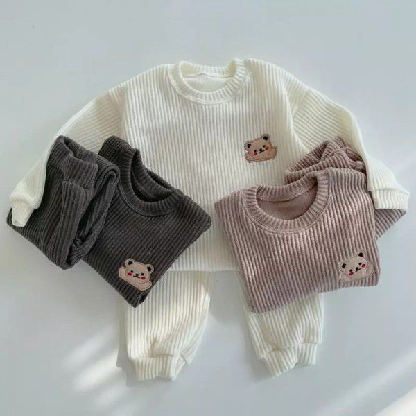 Sweater Set Autumn Bear Solid Color Set for Boys and Girls Spring 1-6 Year Old Children Autumn Set