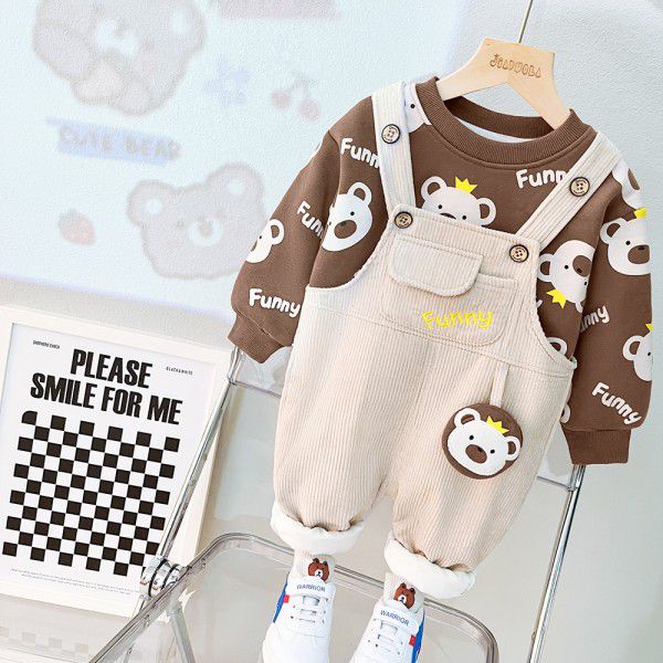 Boys' plush set for winter wear, girls' new cartoon printed top, strap pants, two-piece set for children's winter wear