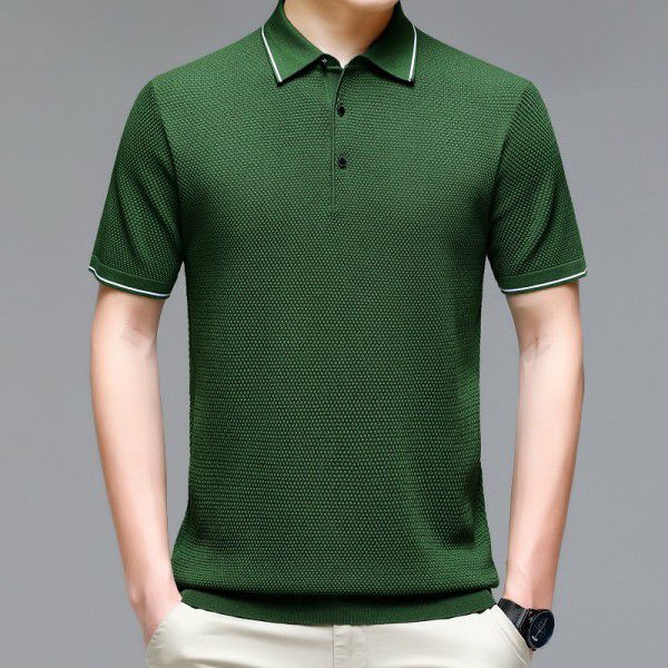 Dress up as a business casual fashion versatile men's T-shirt with a solid lapel color and breathable mesh short sleeves
