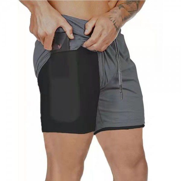 Men's double layer shorts, solid mesh sports and fitness training pants, five point casual pants, men's pants