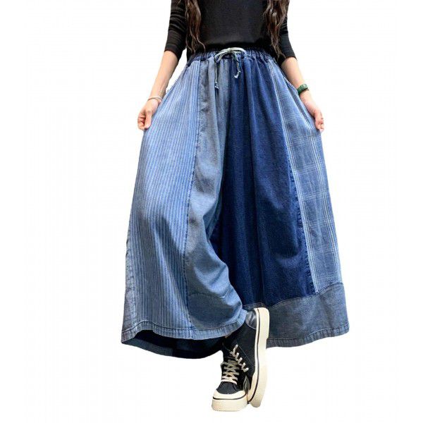 Denim Wide Leg Pants Spring New Fashion Personalized Color Matching Old Size Skirt Pants Cropped Pants Women 