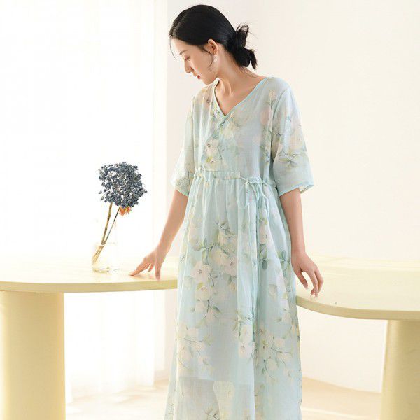 Cotton and linen women's clothing=new summer ramie printed dress for women with a slim V-neck and a retro Chinese long skirt