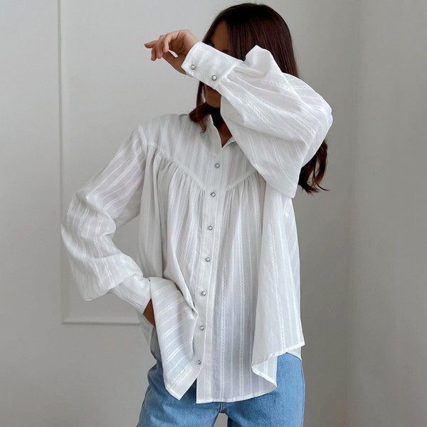 Pure cotton French shirt long sleeved women's clothing autumn and winter new minimalist bubble sleeve beautiful top