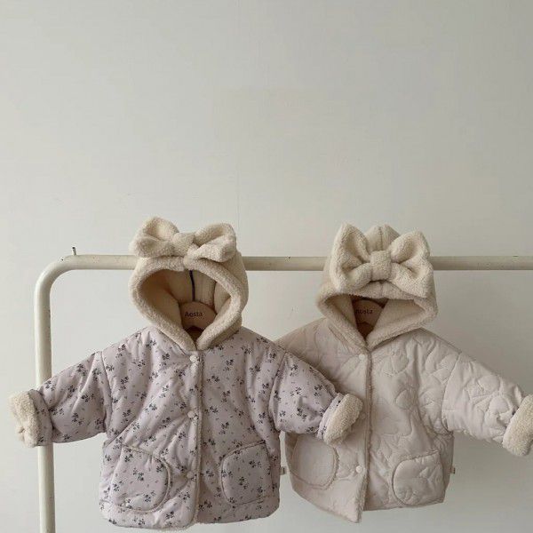 Baby plush winter men and women's clothing bow hooded Korean version newborn warm cotton jacket jacket 