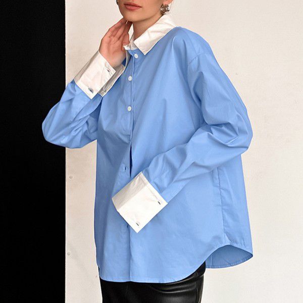 Design sense casual versatile shirt with contrasting colors, comfortable pure cotton niche long sleeved top for women