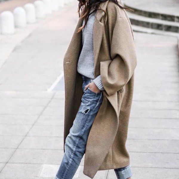 Autumn and winter Korean thick coat women's woolen windbreaker coat with flip collar for warmth 