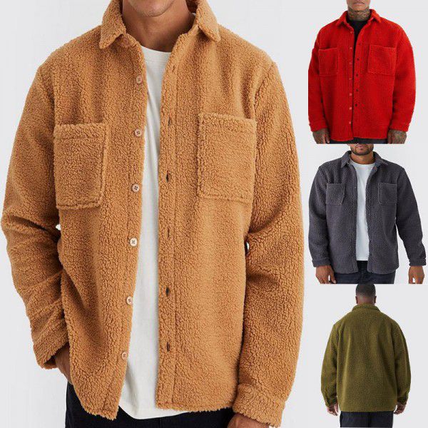 Autumn and winter loose button down lapel solid color cardigan jacket men's plush coat 