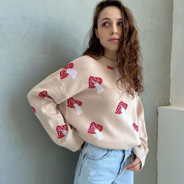 Printed sweater women's loose top autumn and winter casual lazy style long sleeved woolen jacket