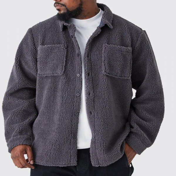 Autumn and winter loose button down lapel solid color cardigan jacket men's plush coat 