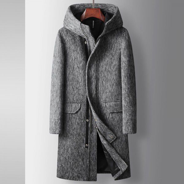 Men's coat autumn and winter long hooded wool windbreaker youth business thickened solid color casual warm coat 