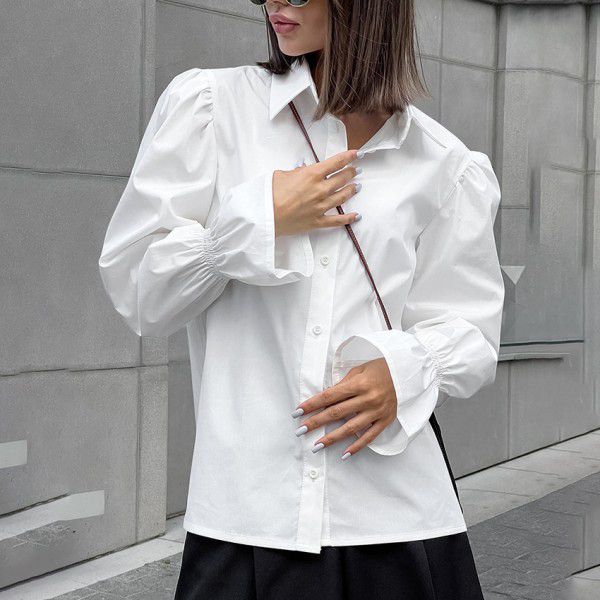 Autumn and Winter New Pure Cotton Bubble Sleeve Shirt Simple and Elegant Commuting Versatile Long sleeved Top