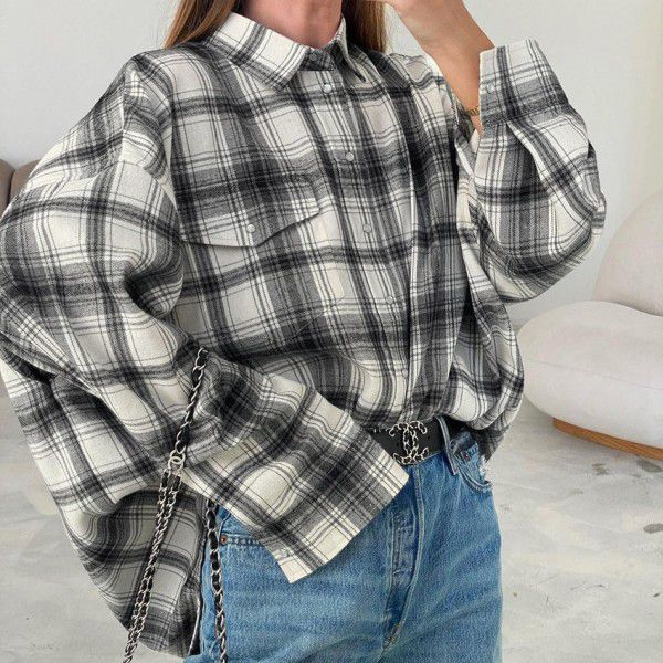 Checkered shirt outerwear for women's autumn and winter new casual loose checkered shirt versatile