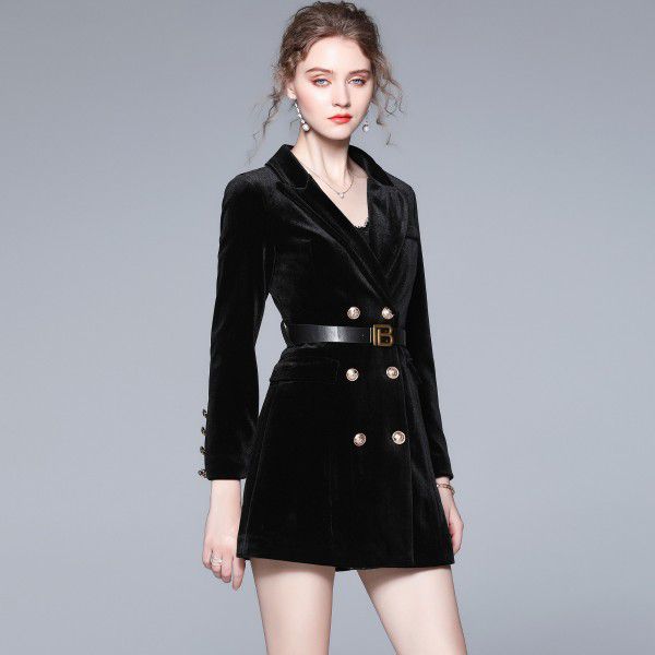 Autumn and Winter New Fashion Women's Long sleeved Suit Collar Double breasted Velvet Long Coat Windbreaker 