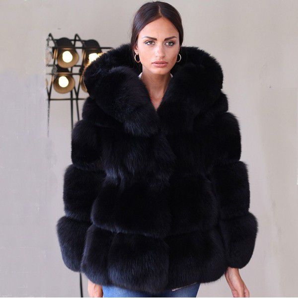 Artificial fur and grass coat for women, medium length imitation fox fur and grass coat, silver fox coat, hooded winter