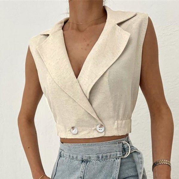 Short fashionable V-neck cotton linen vest 2 autumn new European and American women's clothing temperament versatile