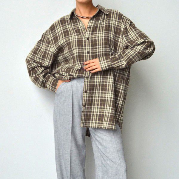 Autumn and winter new retro plaid shirt casual loose long sleeved outerwear for commuting women